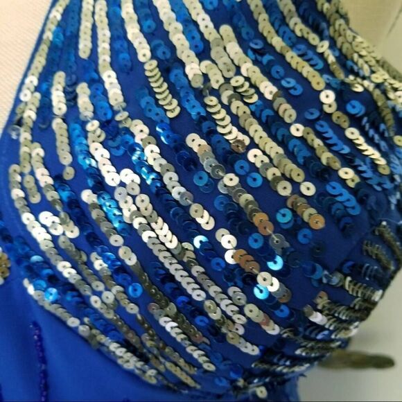 Milano large cobalt blue silver sequin beaded mini dress one shoulder strap form - Picture 2 of 10